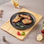 25cm Diameter Black Cast Iron Pan with Wooden Tray