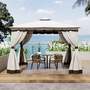 10 x 10ft Tiered Roof Metal Frame Patio Gazebo with Curtains - Beige