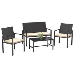 4 Pieces Patio Furniture Set with Glass Coffee Table-Minimalist Rattan Design