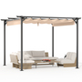 10'' x10'' Pergola with Retractable Sun Shade Canopy Outdoor Metal Shelter Gazebo-Beige