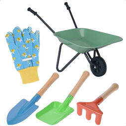 idooka Kids Gardening Set 5p Aged 3+ Wheelbarrow Tool Set Blue Bee Gloves