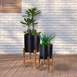 idooka Metal Barrel Plant Pot Pair with Wooden Stands