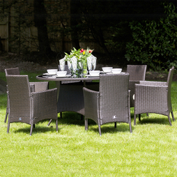 Katie Blake Garden Rattan 6 Seater Round Dining Set with Cushions and Glass Table Top Taupe Brown
