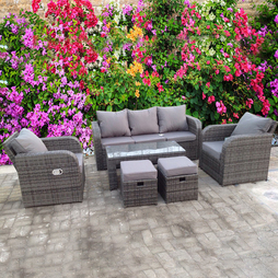RATTAN RECLINER WICKER GARDEN OUTDOOR TABLE AND CHAIRS FURNITURE PATIO SET GREY